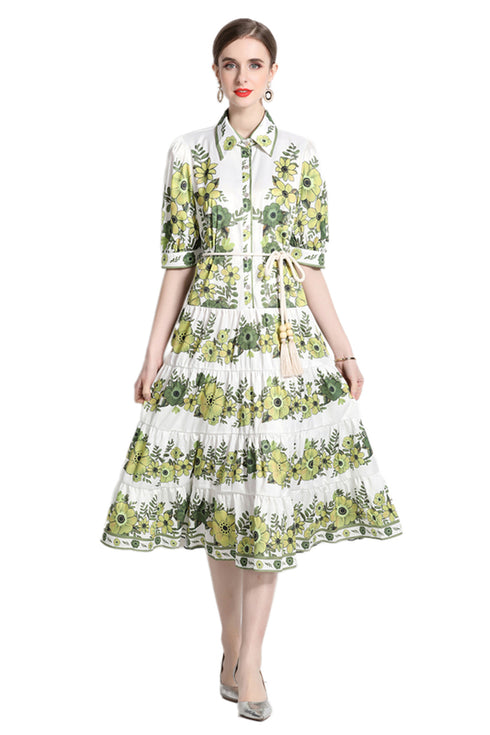 Runway Fashion Elegant Collared, Floral Print, Bubble sleeves Dress